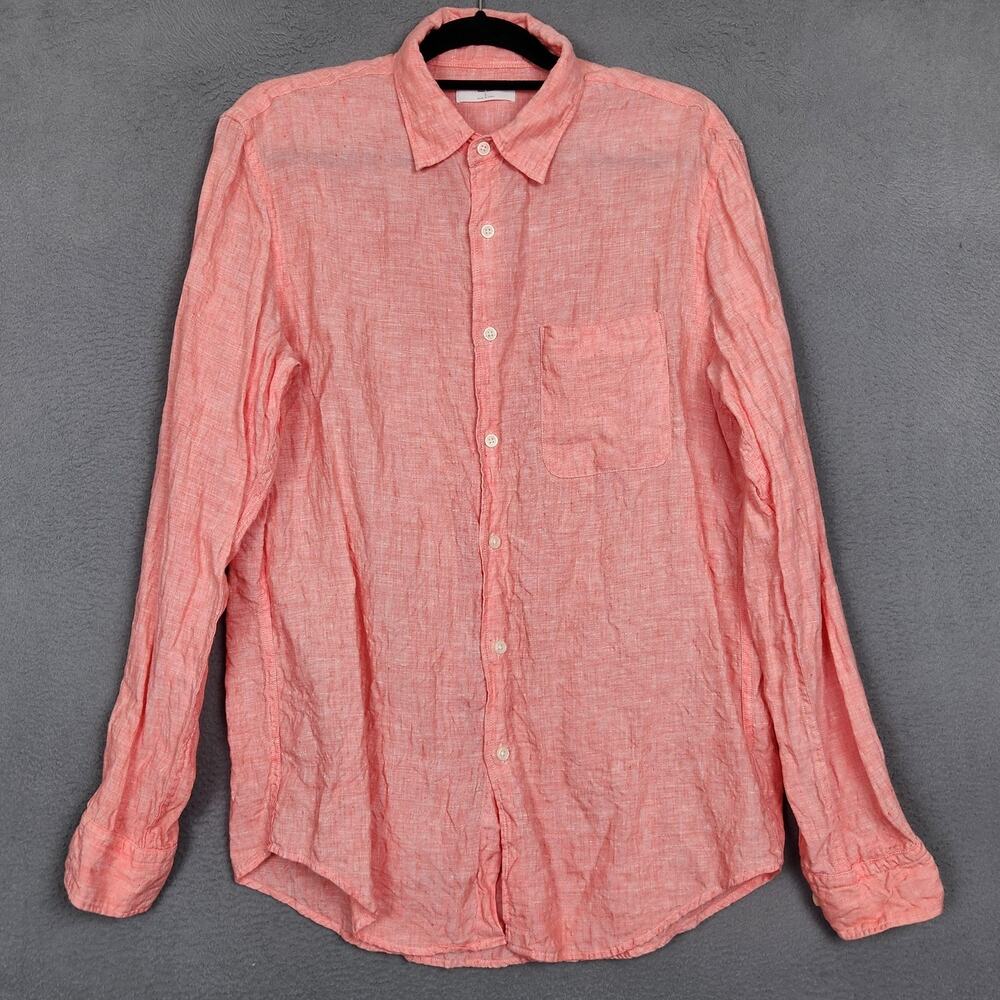 Uniqlo Shirt Mens Large Pink 100% Linen Long Sleeve Button Up Beach Summer